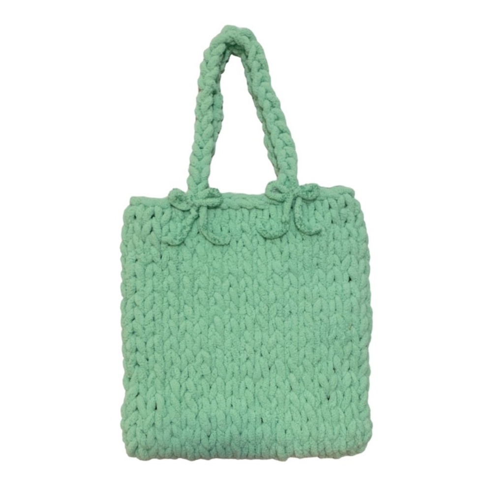 Handmade Bright Green Bow Chunky Chenille Knit Tote Bag Fairycore Girly Purse